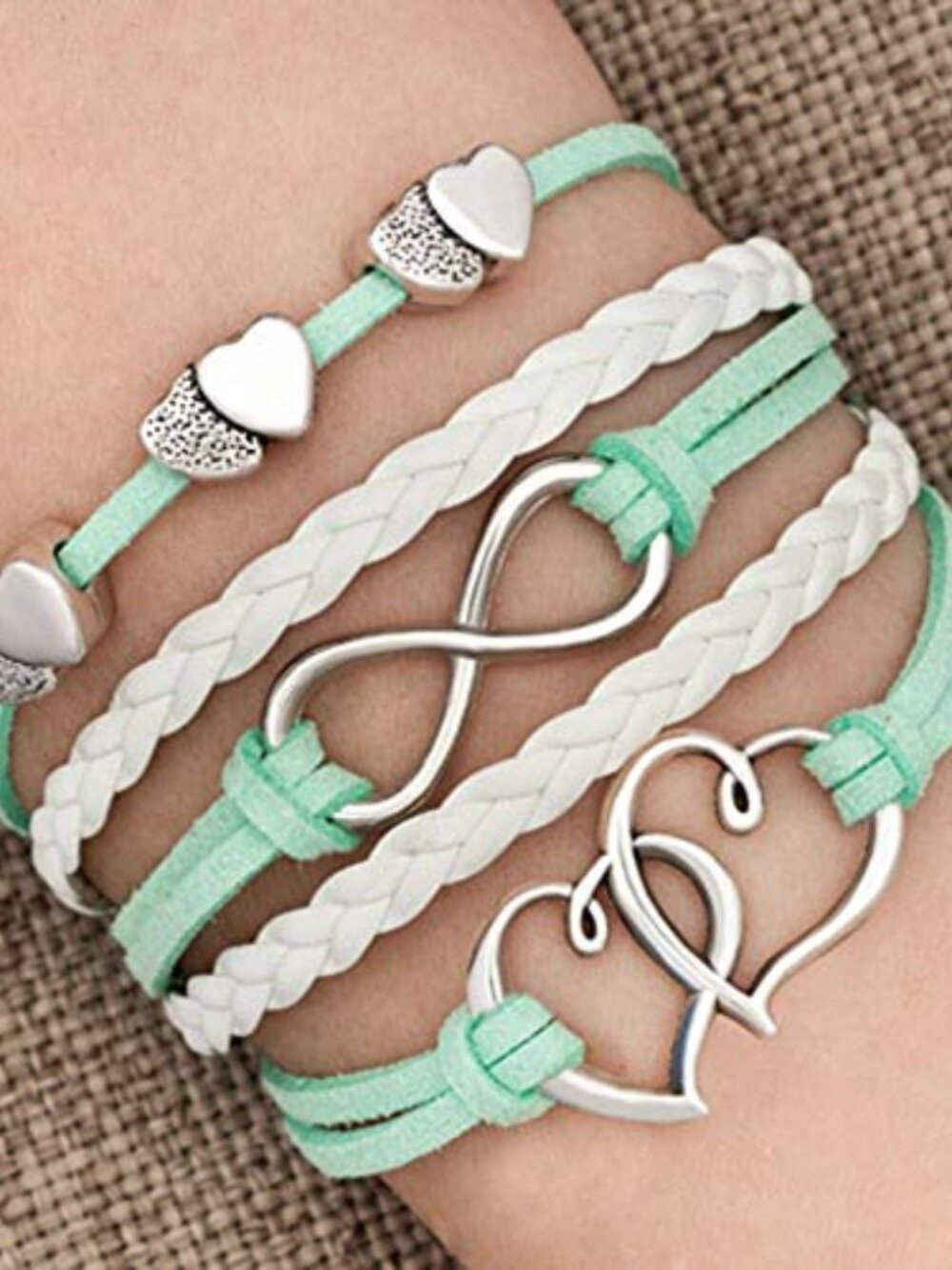 New - Leather Wrap Bracelets Girls Double Hearts Infinity Rope Wristband‎